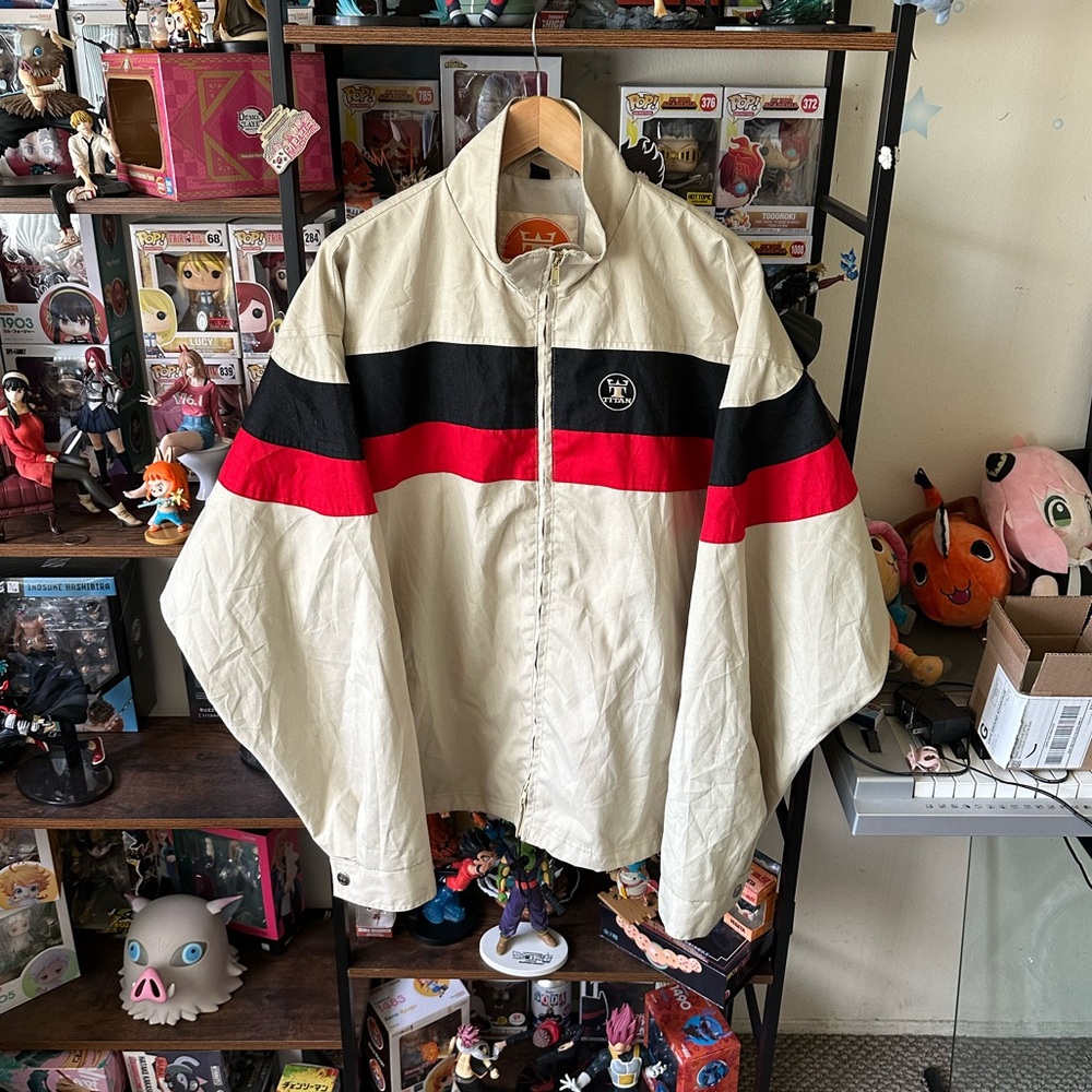 Vintage Windbreaker Jacket Red Black Stripes Oversized Men’s Size L Hong Kong